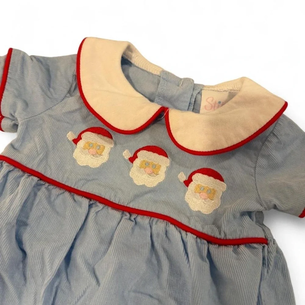 Stitchy Fish Baby Boy Blue Corduroy Santa Christmas Bubble Romper 6M
